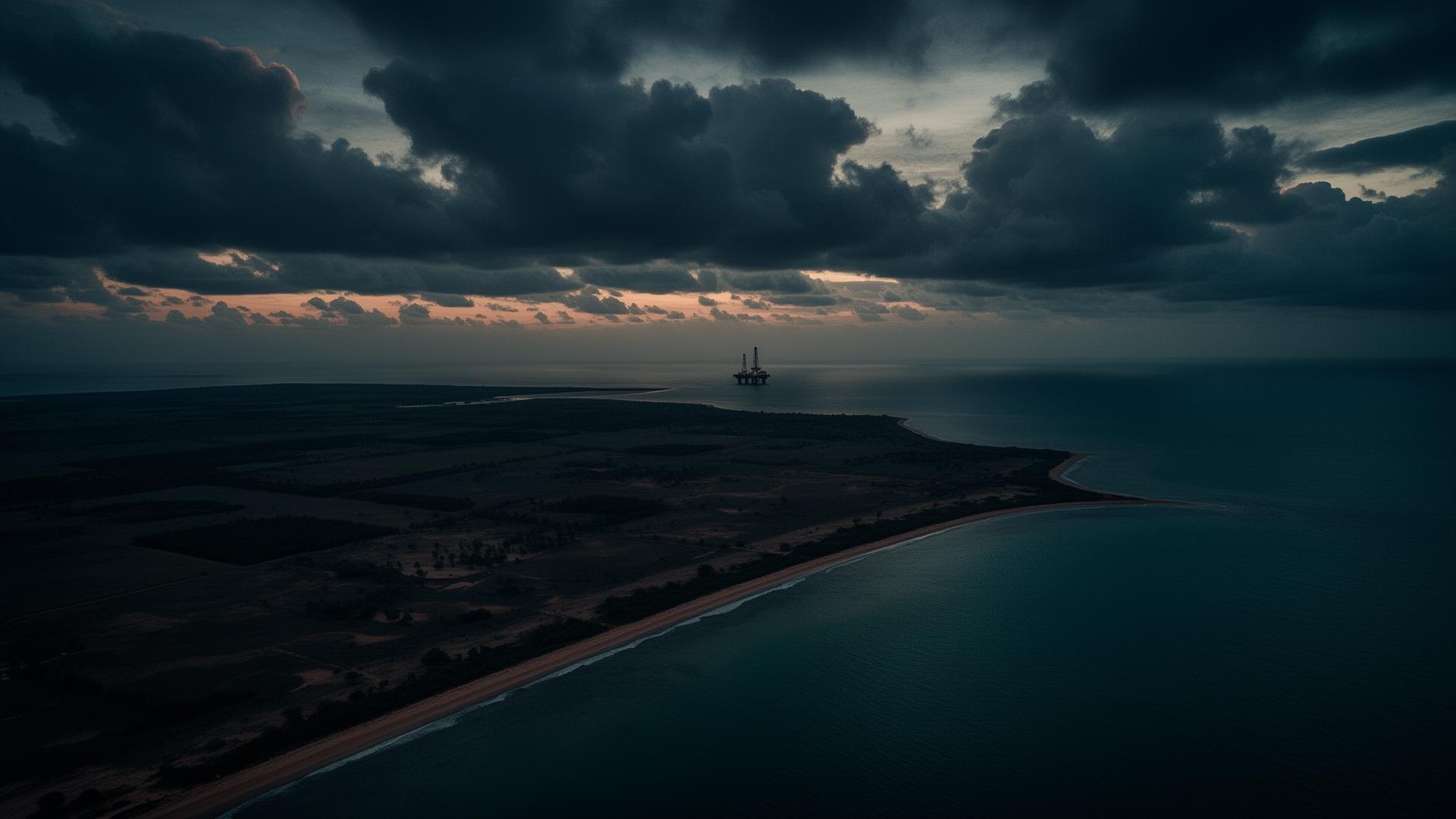 Aerial view of West African coastline at dusk